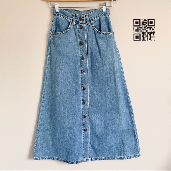 Levi's Dresses & Skirts - Vintage 80s Levi’s A-line Long Maxi Snap Button Cotton Denim Jean Skirt - XS/24”